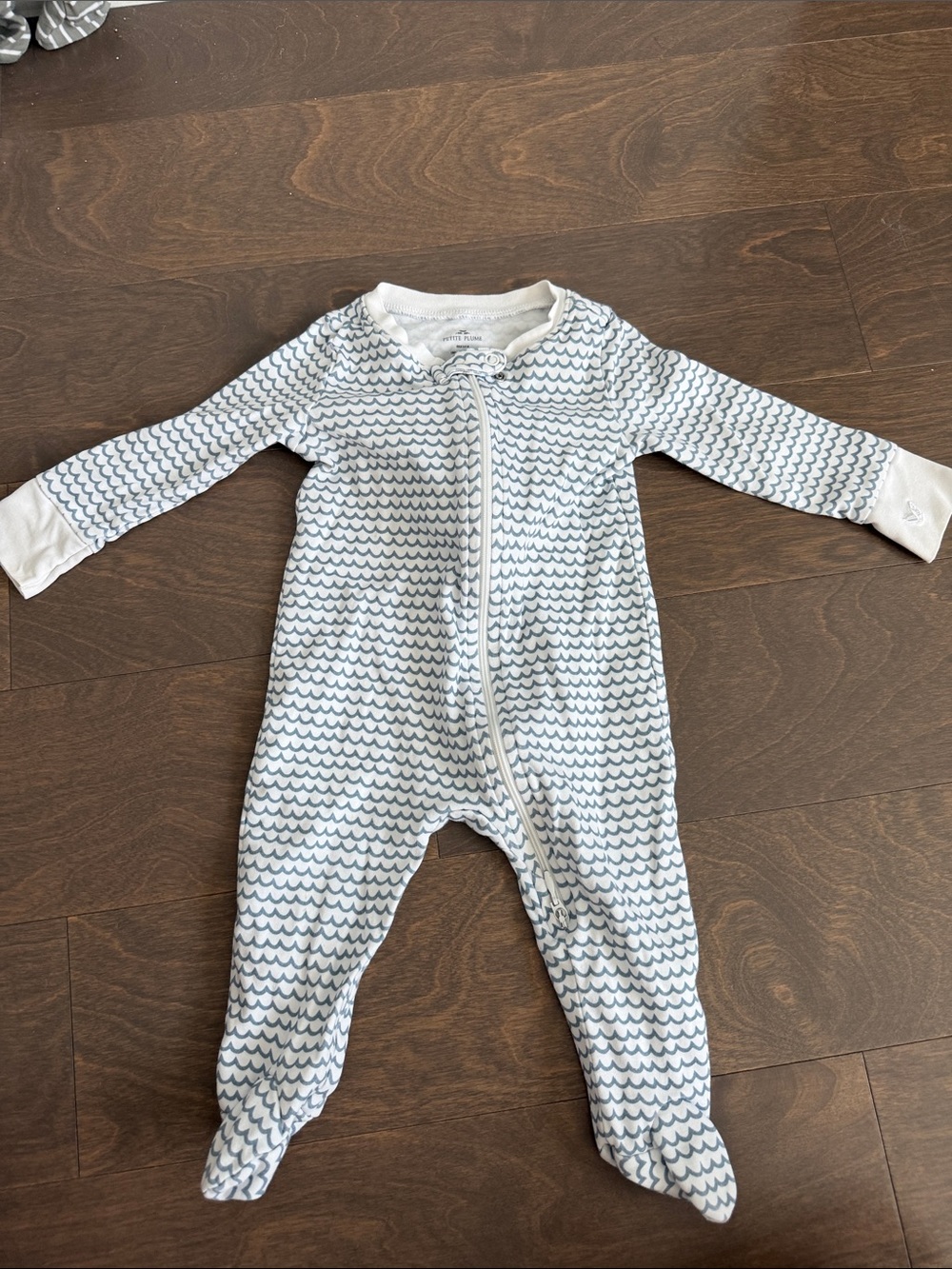 Soft Blue Wave-Print Footed One-Piece Pajamas